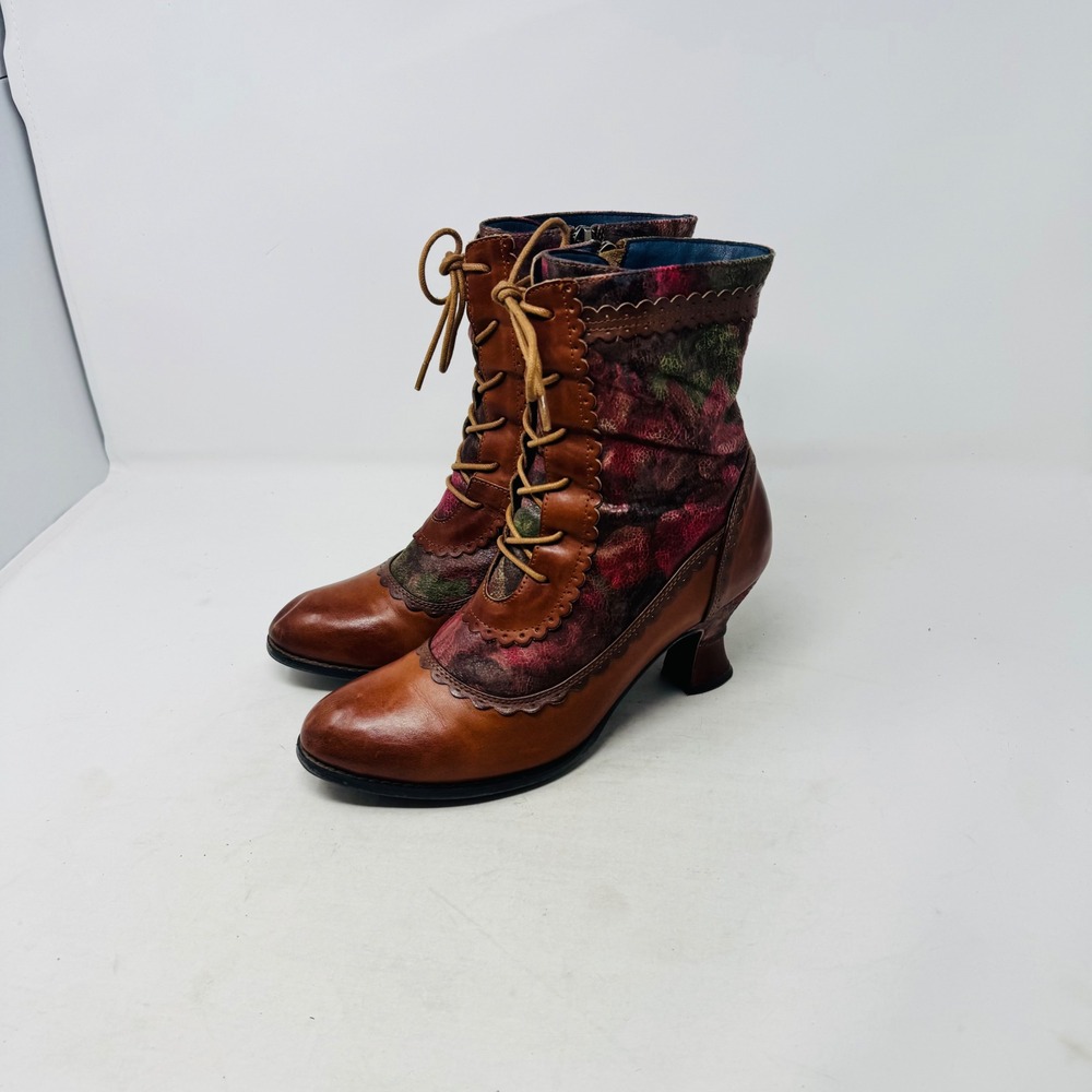 Spring Step L'Artiste Victorian Floral Leather Ankle Boots Brown Multi Size 40
